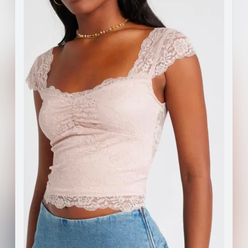 BP. Floral Lace Cap Sleeve Top in Pink Sepia - Size L